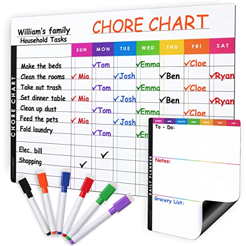 Magnetic Chore Chart Dry Erase Whiteboard Set – Reward Chores Chart for Multiple Kids, Teens & Adults (11.5″x 15″), Daily To-Do, Grocery, Notes (7″x 9″) -Behavior Chart For Fridge & 6 Fine Tip Markers