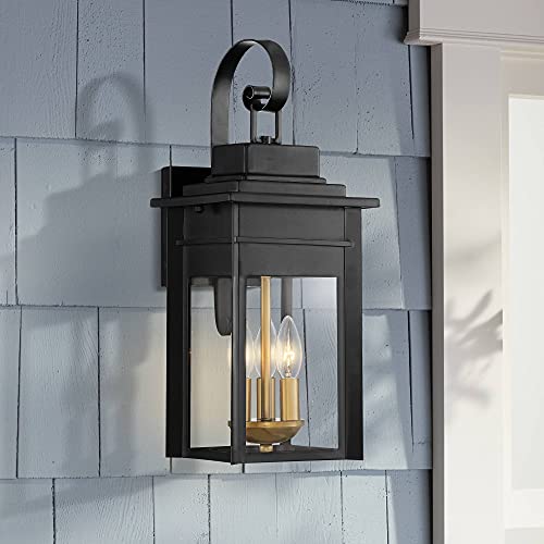 Franklin Iron Works Bransford Rustic Farmhouse Outdoor Wall Light Fixture Black 3-Light 19″ Clear Glass Shade for Exterior Barn Deck House Porch Yard Patio Outside Garage Front Door Garden Home