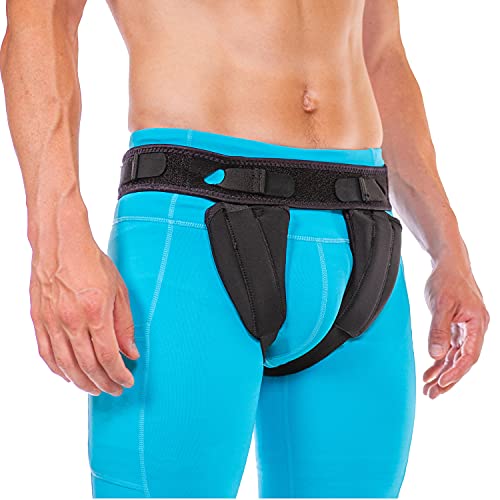 BraceAbility Inguinal Hernia Belt – Supportive Groin Pain Truss With Removable Left and Right Compression Pads For Pre or Post-Surgical Scrotal, Femoral, Single and Double Hernias in Men and Women (M)