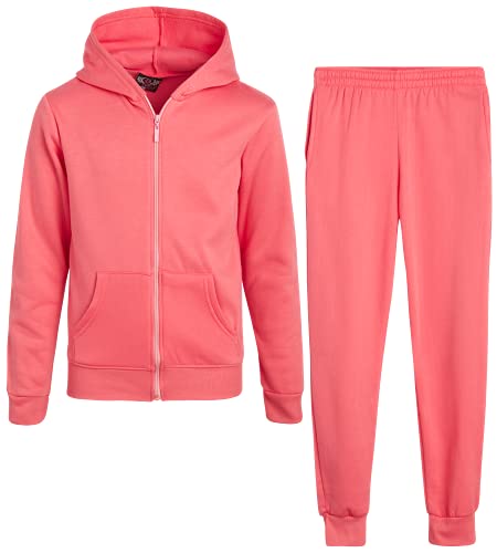 Real Love Girls’ Jogger Set – 2 Piece Basic Fleece Solid Full Zip Hoodie and Sweatpants (Size: 7-16), Size 14-16, Coral