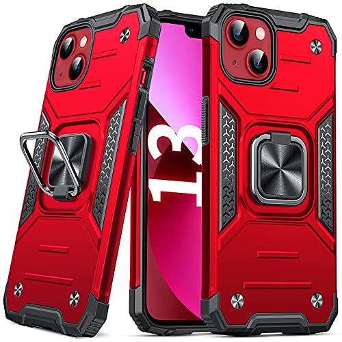 Anqrp Designed for iPhone 13 Case, Military Grade Protective Phone Case Cover with Enhanced Metal Ring Kickstand [Support Magnet Mount] Compatible with iPhone 13 6.1, Red