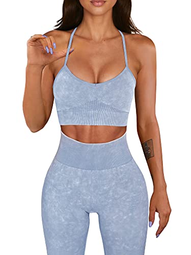 OQQ Workout Outfit for Women 2 Piece Seamless Acid Wash High Waist Leggings With Sports Bra Yoga Set Bluegrey