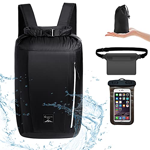 QIGARUGU Waterproof Backpack Lightweight Dry Bags, 20L Roll Top Dry Sack with Phone Case Waist Pouch Set for Kayaking, Hiking, Swimming,Beach,Camping, Fishing,Boating & Rafting for Men & Women (Black)