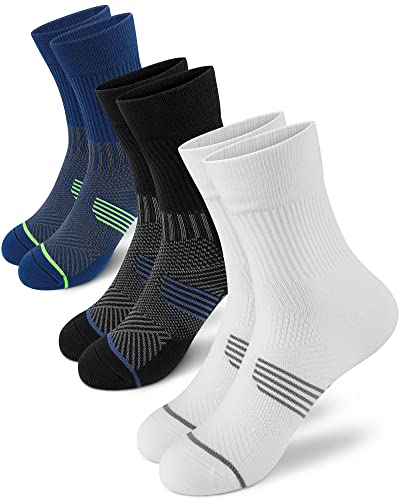 PAPLUS Compression Running Sock for Men and Women 3 Pairs, Cushioned Athletic Crew Socks with Arch Support