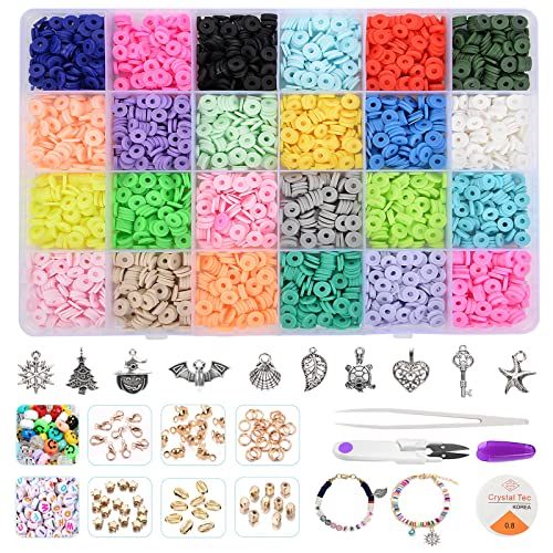 4000Pcs Clay Beads for Bracelet Making, 24 Colors (6mm)Flat Round Polymer Clay Beads Spacer Heishi Beads with Pendant Charms Kit and Elastic Strings for Jewelry Making Kit Bracelets Necklace