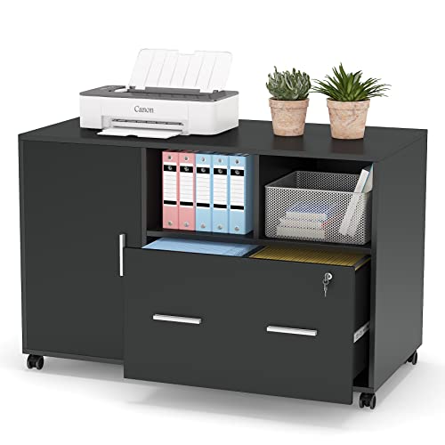 Tribesigns File Cabinet with Lock and Drawer, Mobile Lateral Filing Cabinet with Storage Shelves, Mobile Printer Stand with Rolling Wheels for Home Office, Black