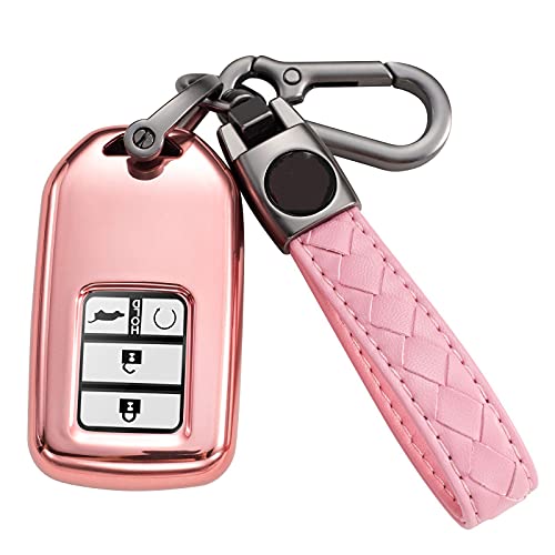 CHENMI for Honda Key fob Cover with Leather Keychain,Soft TPU Full Shell Protection,Key case Compatible Accord Civic CRV Pilot Odyssey Passport Smart Remote Key，Key Shell-Pink E-Pink D699-3
