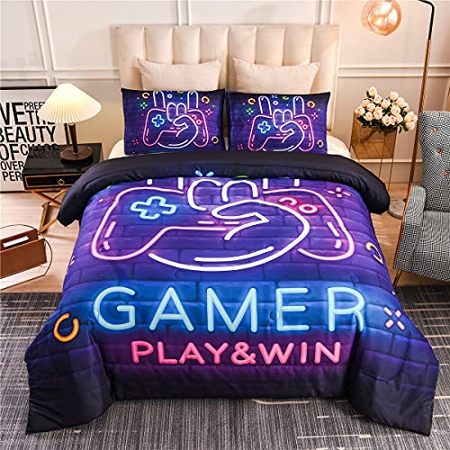 NTBED Game Console Comforter Set for Boys Girls Kids 3D Gaming Lightweight Microfiber Bedding Sets (Queen, Purple)