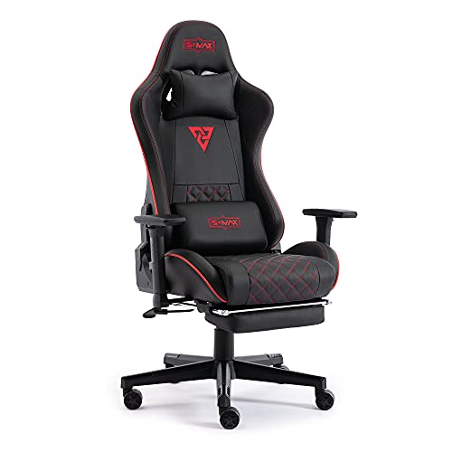 SMAX Gaming Chair with Footrest Thicken Seat Computer Gamer Chair with 3D Armrest PU Leather Headrest and Lumbar Support Racing Style High Back Video Game Chairs for Adults Black