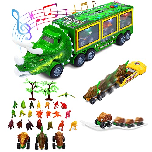 Dinosaur Toys for Kids 3-5, 30 in 1 Dinosaur Transport Toy Truck Playset Toys with Flashing Lights, Music & Roaring Sound, Pull Back Trucks as Christmas Birthday Dino Gift for Toddlers Boys Girls