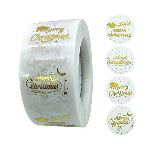 PMCDS2G Christmas Stickers Christmas Card Stickers 500pcs in 1 Roll for Gift Décor Card Envelopes Sealing Christmas Supplies (1″ Four Golden Transparent Patterns)