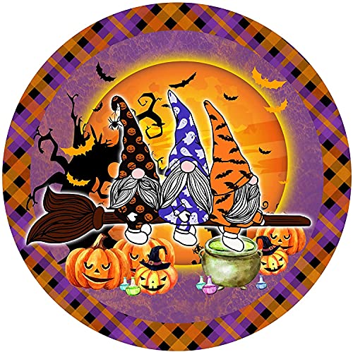 Round Metal Tin Sign Rustic Wall Decor Wall Plaque Halloween Wreath Sign, gnome Wreath Sign,Suitable for Home Garden Kitchen Bar Cafe Restaurant Garage Wall Decor Retro Vintage 12×12 Inch