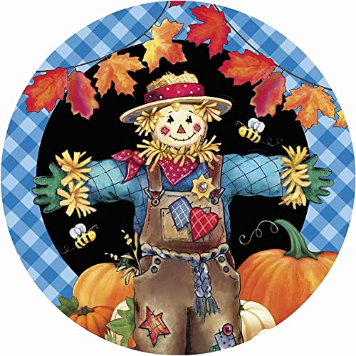 Round Metal Tin Sign Rustic Wall Decor Wall Plaque Fall Scarecrow Wreath Sign,Suitable for Home Garden Kitchen Bar Cafe Restaurant Garage Wall Decor Retro Vintage 12×12 Inch