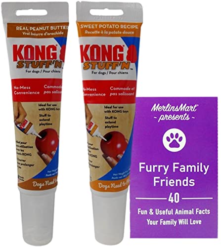 Kong Stuff’N Dog Toy Fill Tubes 2 Flavor Variety – (1) Each: Real Peanut Butter, Sweet Potato Spread (5 Ounces) – Plus Fun Animal Facts Booklet Bundle
