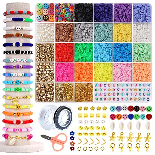 LZOUOWO 5300 Clay Beads for Bracelets Making Aesthetic Kit with Smiley Face Beads Polymer Clay Flat Beads for Bracelets Set Heishi disc Beads and Letter Beads for Girls Ages 8-12