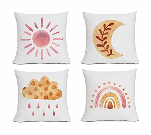 Ailansnug Boho Sun and Moon Clouds and Rainbows Throw Pillow Covers Modern Art Pillow Cover for Living Room Bedroom Home Minimalist Decorations 18″x 18″, 4 Pack No Pillows