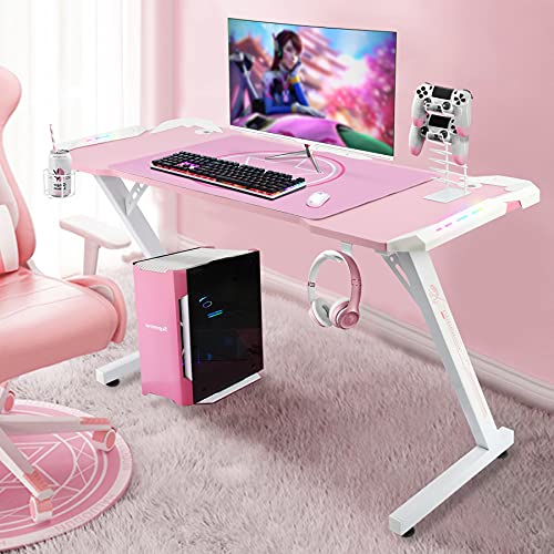YOUTHUP Gaming Desk with LED Lights, 53 Inch Z Shaped Game Desk for PC Gamer, Ergonomic Racing Style Computer Table Workstation with Remote Control, Headphone Hook, Cup Holder, Handle Rack, Pink