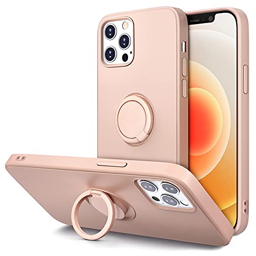Hython Case for iPhone 12 Pro Max Case with Ring Stand [360° Rotatable Ring Holder Magnetic Kickstand] [Soft Microfiber Lining] Slim Shockproof Rubber Protective Phone Case Cover for Women, Pink Sand