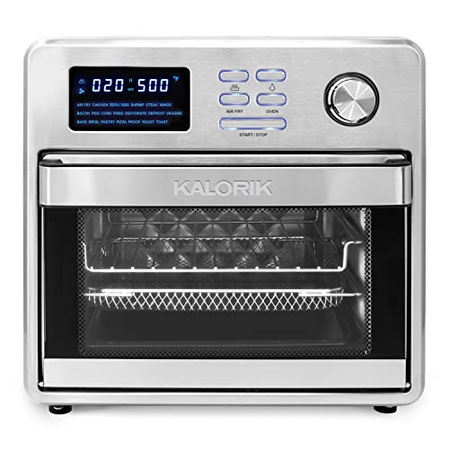 Kalorik Air Fryer Toaster Oven, MAXX® AFO 47797 SS 16 Quart, 9-in-1 Toaster Oven Air Fryer Combo – Roaster, Toaster, Baking, Broiler, Grill, Dehydrator, 21 Smart presets, 5 Accessories, Cookbook, 500°F Easy to Use, 1750W, Stainless Steel