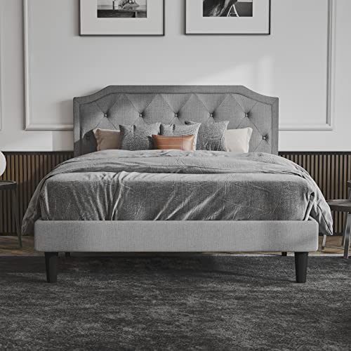 SHA CERLIN Full Size Platform Bed Frame with Headboard, Curved Rhombic Button Tufted Design, Wood Slat Support, Easy Assembly, Light Grey