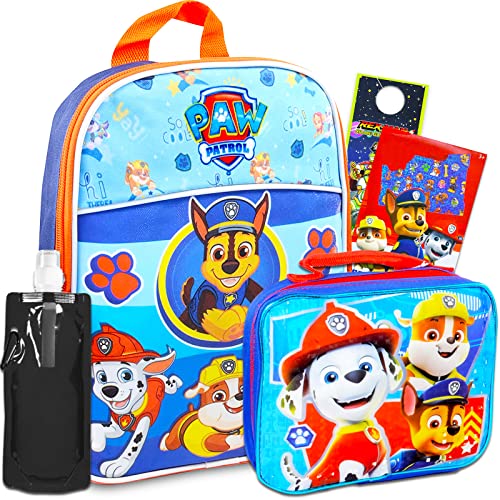 Nick Shop Paw Patrol Mini Backpack With Lunch Box For Kids, Boys ~ 5 Pc School Supplies Bundle With 11inch Paw Patrol School Bag, Lunch Bag, Water Pouch , 300 Stickers, And More