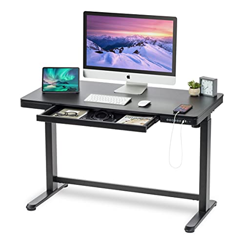 IRIS USA 48 x 24 Inch Standing Desk Electric Height Adjustable Computer Desk Sit Stand Home Office Desk with Drawer, Pet and Kids Safe Table with USB Ports and USB Type-C Port, Matte Top