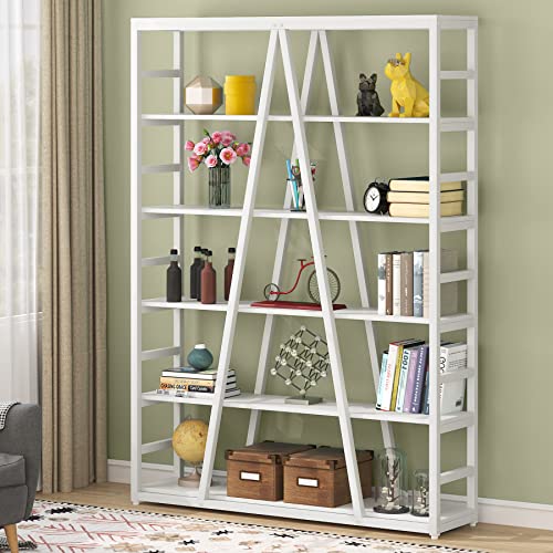 Tribesigns 6 Tier Bookshelf 71 inch Tall Bookcase, Industrial Etagere Bookcase and Bookshelves Modern Book Shelves for Living Room, Home Office, Metal Frame (White)