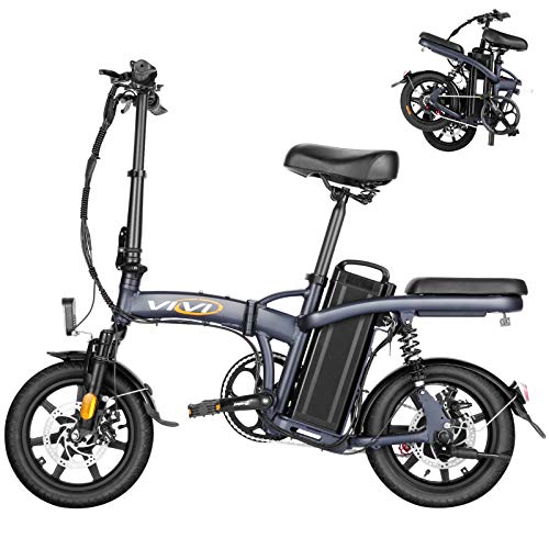 Vivi Folding Electric Bike, 350W Motor 48V20Ah Removable Lithium-Ion Battery Fat Tire Electric Bike for Adults and Teens, 14″ Super Light and Small EBike with Back Seat Commuting Bicycle