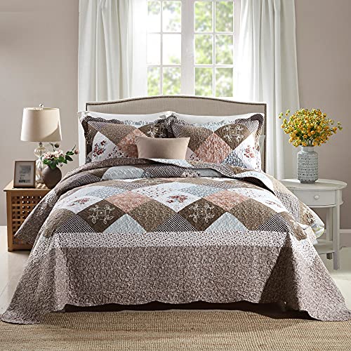 Yvooxny 3-Piece Queen Quilt Sets Bedspread Coverlet Set with Shams Microfiber Quilted Bedding Set, Brown Floral Patchwork Pattern