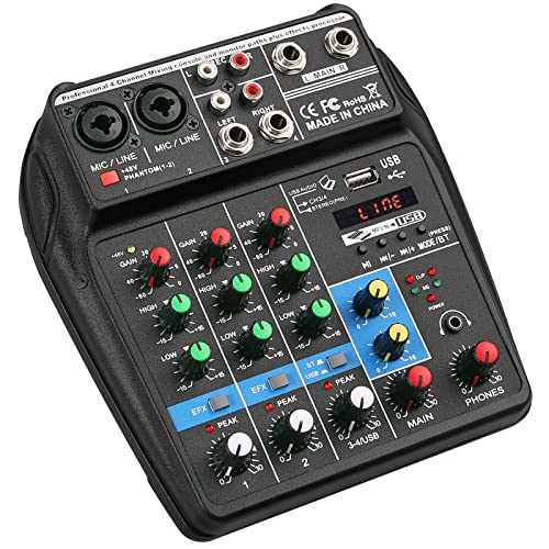 Audio Mixer, LiNKFOR Portable 4-Channel Audio Mixer Bluetooth 5.0 with Sound Card USB MP3 Computer Input Recording 48V Phantom Power for PC Recording Singing Webcast Party