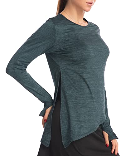 Women Running Shirts Yoga Top Long Sleeve Workout Tee with Thumb Holes Quick Dry Sweatshirt Activewear Tops Side Slit Black XS