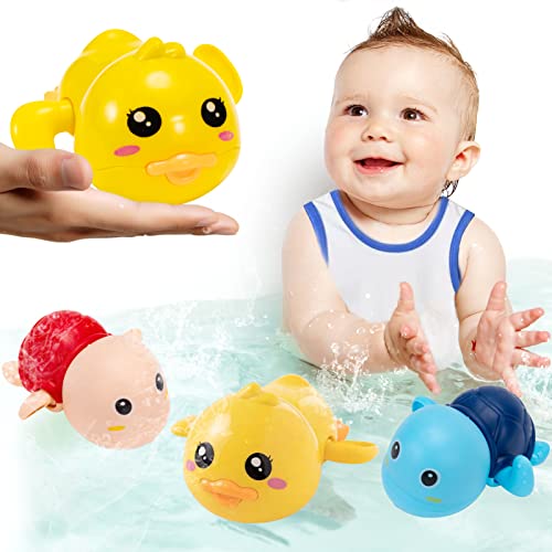 GRIKAI Bath Toys for Toddlers 1 2 3 4 Year Age Girl Boy Gift Mold Free, Baby Bathtub Wind Up Turtle for Infant 6,12,18 Month, Water Pool Swim Tub Toy Set 3-Pack (Turtle & Duck)