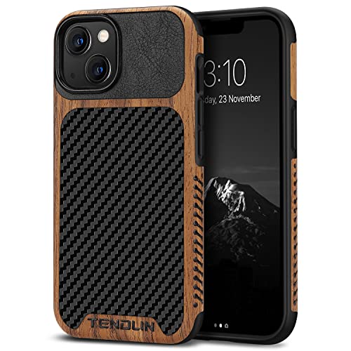 TENDLIN Compatible with iPhone 13 Case Wood Grain with Carbon Fiber Texture Design Leather Hybrid Case Compatible for iPhone 13 6.1-inch Released in 2021 Black