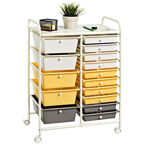 KOTEK 15-Drawer Rolling Storage Cart, Multipurpose Mobile Utility Cart with 4 Wheels, Home Office School Tools Scrapbook Paper Organizer (Yellow)