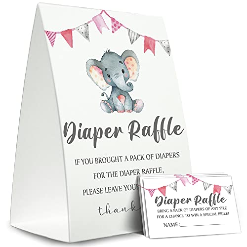 Diaper Raffle Sign,Diaper Raffle Baby Shower Game Kit (1 Standing Sign + 50 Guessing Cards),Pink Elephant Bunting Raffle Insert Ticket,Baby Showers Decorations,Card for Baby Shower Game to Bring a Pack of Diapers-N10