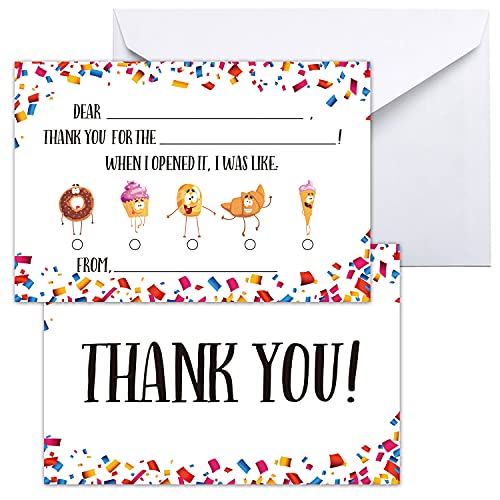 Kids Fill in The Blank Thank You Cards, 25 Thank You Cards Kids With White Envelopes, Fun Gender Neutral Thank You Notes For Birthday Party, Event or Holiday Use.
