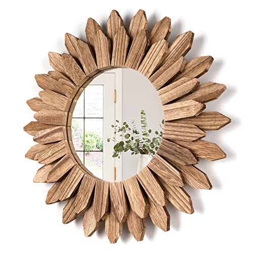 Honiway Wall Mirror Decorative 12 inch Rustic Wood Mirror Sunburst Boho Mirror for Entryway Bedroom Living Room Carbonized Black