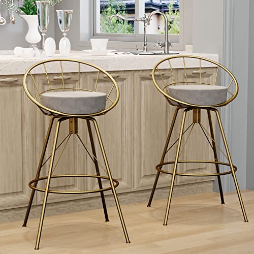 AKLAUS 24 Inch Swivel Bar Stools Set of 2 with Backs,Gold Bar Stools with Gold Legs, Comfortable 360゜ Swivel bar stools with Gray Velvet Upholstered Seat, Metal Counter Height Bar Stools