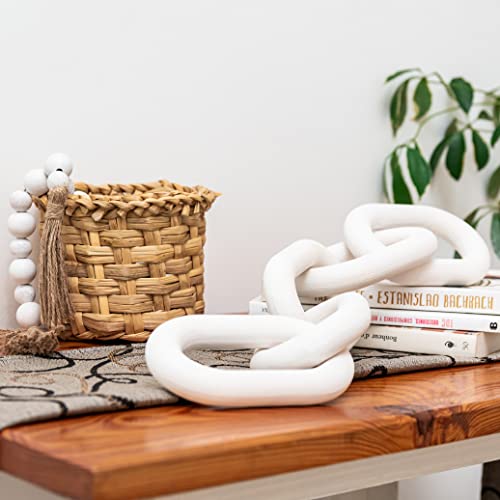 Wood Chain Link Decor – Wood Chain Set with Wooden Bead Garland with Tassels – White Washed Wood Chain Link – Modern Decorative Chain for Boho Home Décor, Living Room, Bookshelf