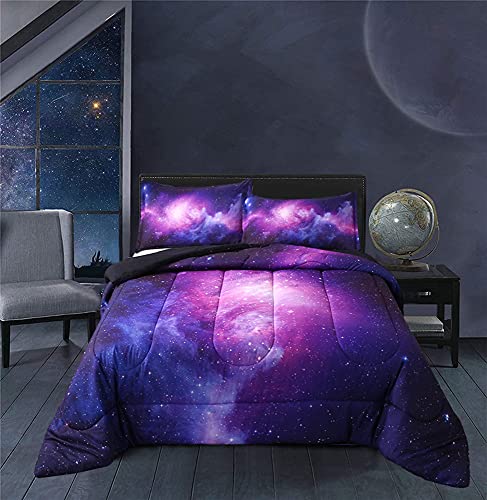 Geilioo Galaxy Comforter Set 3D Digital Print 3 Pieces Purple Cosmic Outer Space Bedding Comforter Sets for Teens Boys Girls with 2 Matching Pillowshams
