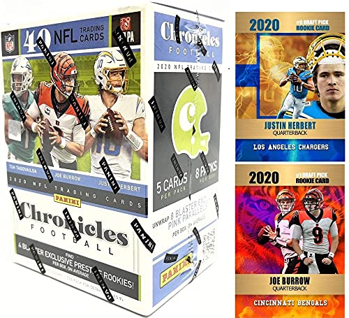 2020 Panini CHRONICLES Football Cards FACTORY SEALED Blaster Box with 40 Cards – Look for Justin Herbert, Joe Burrow and Tua Rookie Cards – Plus Custom Herbert and Burrow Cards Pictured