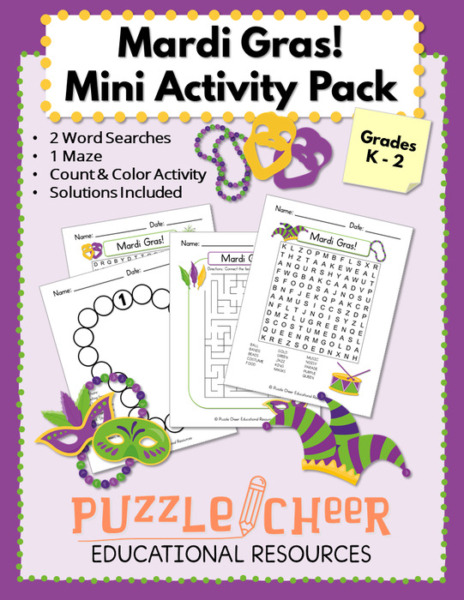Mardi Gras Mini Activity Pack | Word Searches, Maze and Counting Sheet for K – 2