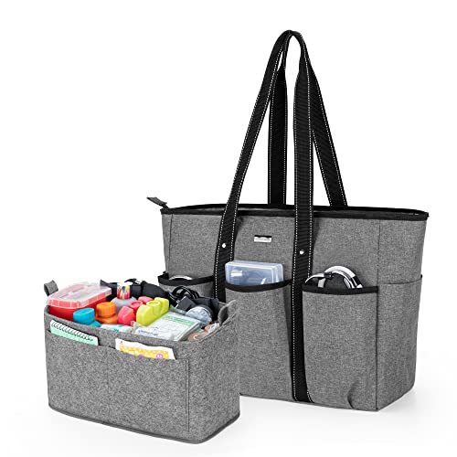 Damero Nurse Tote Bags with Organizer Insert Bag, Medical Supplies Bags with Laptop Sleeve for Home Care Nurse, Medical Students and More, Gray