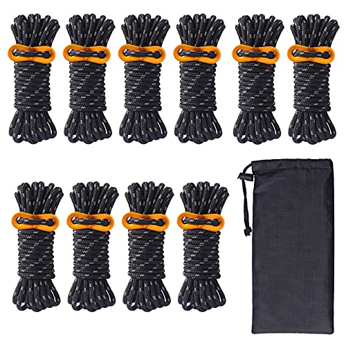 Hikeman 10 Pack 4mm Camping Rope Reflective Outdoor Guy Lines with Aluminum Guyline Adjuster Tensioners Nylon Tent Tie Downs for Hiking Backpacking Tarp,Canopy Shelter (Black)