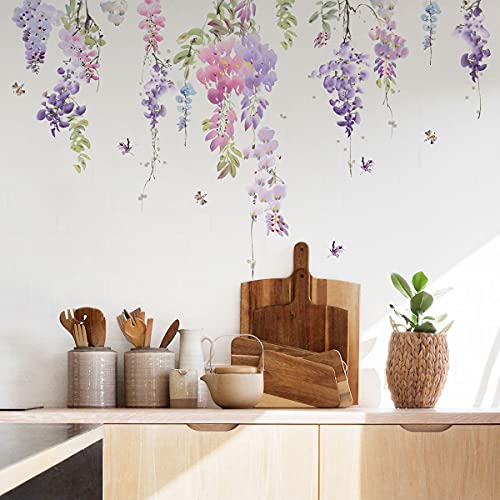 Runtoo Flower Wall Decals Purple Hanging Vines Floral Wall Stickers for Girls Bedroom Nursery Living Room Wall Decor