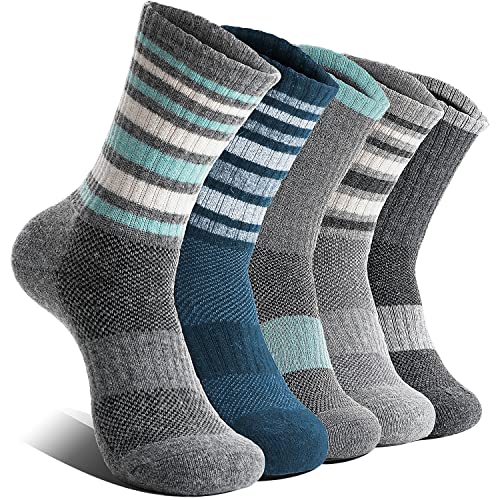 EBMORE Womens Merino Wool Hiking Socks Thermal Warm Winter Boot Crew Cushion Work Gift Socks 5 Pairs(Striped-B)