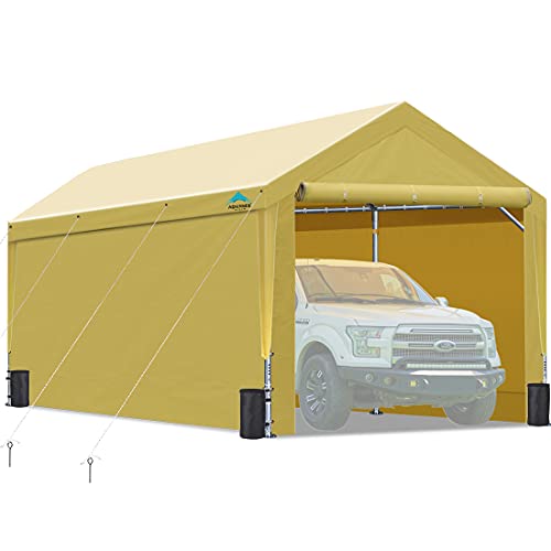 Upgraded 10×20 ft Heavy Duty Carport with Removable Sidewalls and Doors, Adjustable Height from 9.5 ft to 11 ft, Car Canopy Garage Party Tent Boat Shelter with 8 Reinforced Poles and 4 Sandbags, Beige