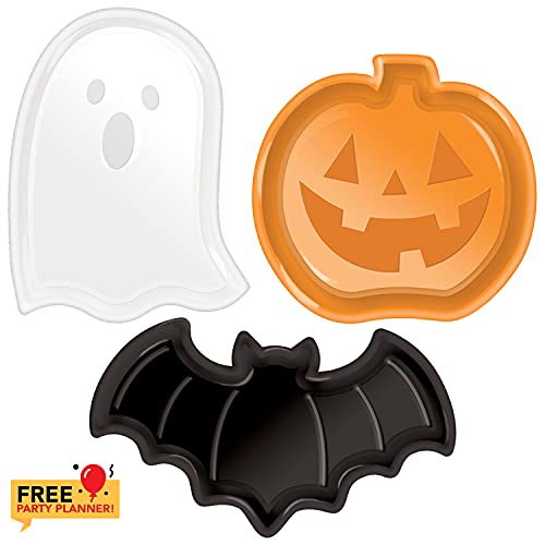 Amscan Halloween 3 Small Plates 4.5″ to 6.25″ – Family Friendly Kids Party Decorations – Disposable Plastic Decor Serving Platters for Food, Candy, Popcorn – Ghost, Pumpkin Bat Supplies