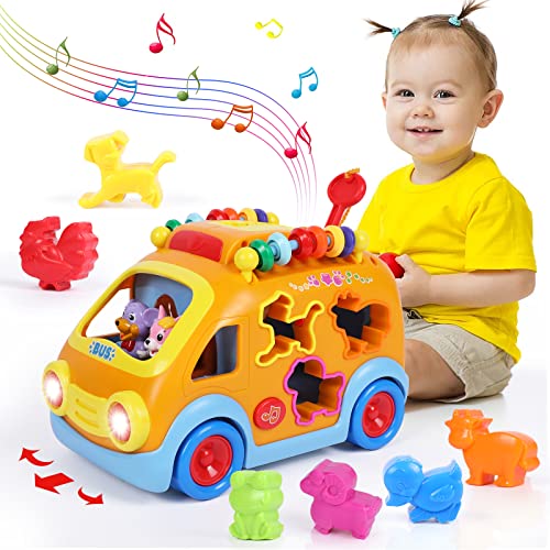 Baby Toys 12 18 Months, Musical Bus Animals Car Toys for 1 Year Old Boy Baby Early Education Toy Christmas Birthday Gift Toys for Infant Baby 1 2 3 Year Old Boys Girls Kids Learning Toy for Toddler