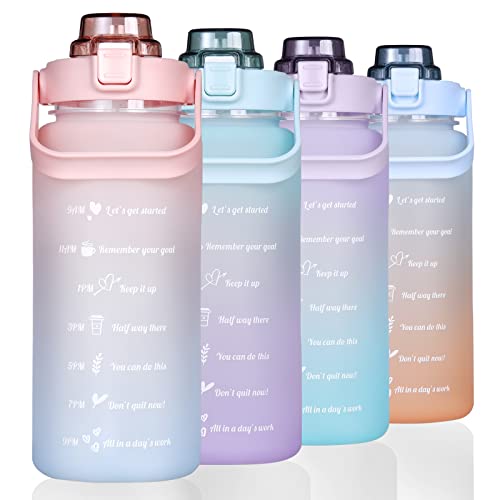 Large Motivational Water Bottle with Straw Time Marker BPA Free for Sport and Fitness (Pink Blue, 64 Oz / Half Gallon)